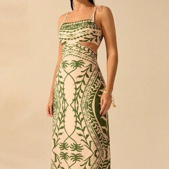 Green Boho Women's Coconut Print Hollow Waist Back Binding Sleeveless Dress - Picture 3 of 7